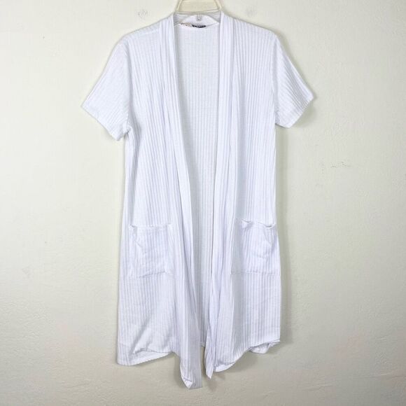 Hybrid & Company White Ribbed Short Sleeve Open Face Long Cardigan Sweater 1X - Picture 1 of 5